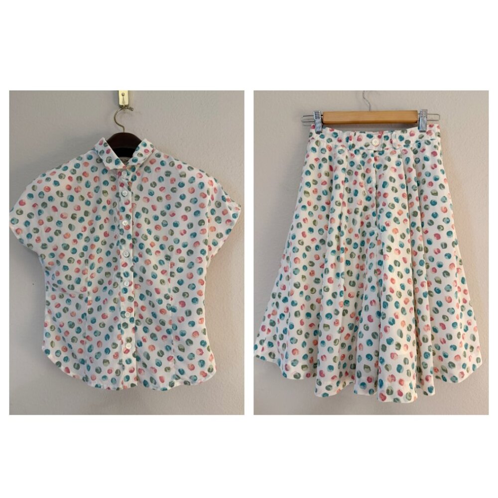 Vintage 80s 90s 2 Piece Set Printed Button Down Blouse Pleated Shorts XS/S